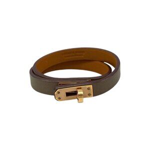 Hermes Bracelet Mini-kelly Double Tour Leather Etoupe Grey Gold Hardware